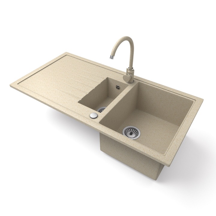 Nero Solarys, Gránit mosogató szett, magasított csapteleppel és szifonnal, 99, 5 cm, Bézs