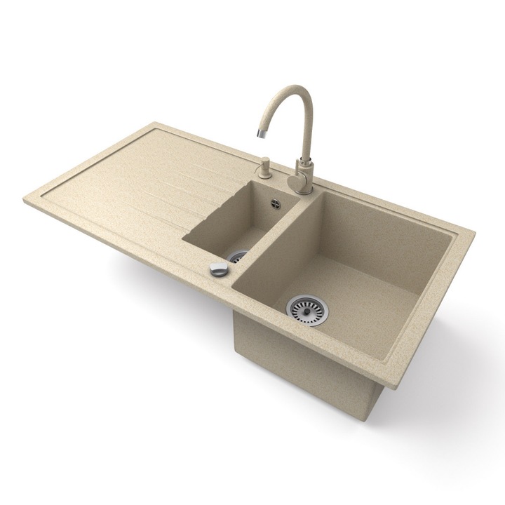 Nero Solarys, Gránit mosogató szett, magasított csapteleppel, adagolóval és dugóemelős szifonnal, 99, 5 cm, Bézs