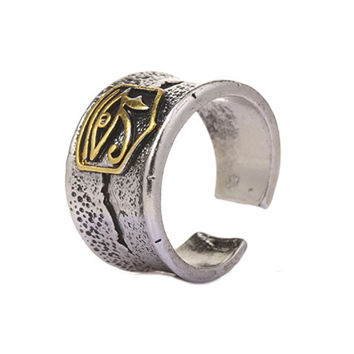 Inel reglabil, model retro, tematica ochiul lui Horus, marime universala, unisex, argintiu, EFAYN