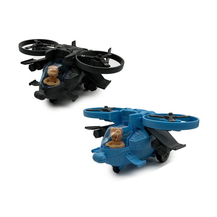 Set 2 avioane de jucarie, 13 cm, Negru/Albastru deschis, cu motor prin frictiune, Vision XXI