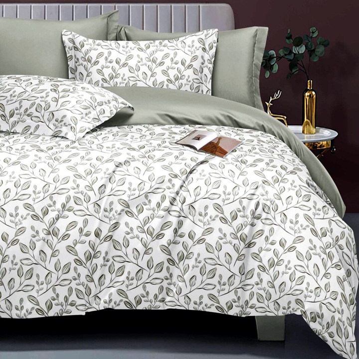 Двойно спално бельо Finet Cotton Elegance 6 броя чаршаф с еластичен матрак 160x200 см или 180x200 см, чаршаф за завивка 200x230 см, 2 калъфки 70x70 см, 2 калъфки 50x70 см, Ramuri Verde, Ralex Pucioasa