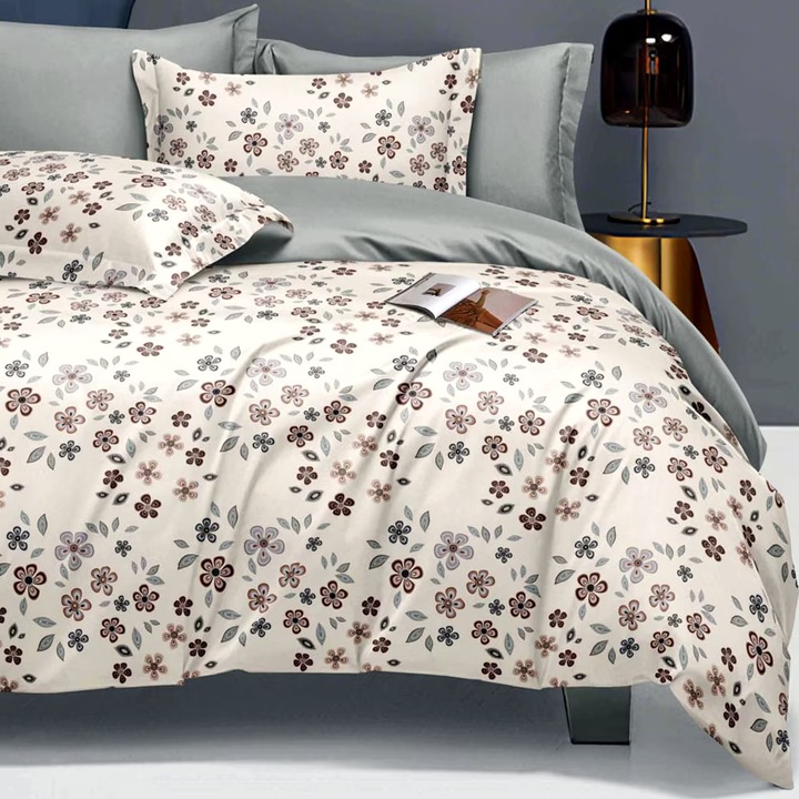 Двойно спално бельо Finet Cotton Elegance 6 части чаршаф 230x250 см, чаршаф 200x230 см, 2 калъфки 70x70 см, 2 калъфки 50x70 см, Малки цветя Бежово, Ralex Pucioasa