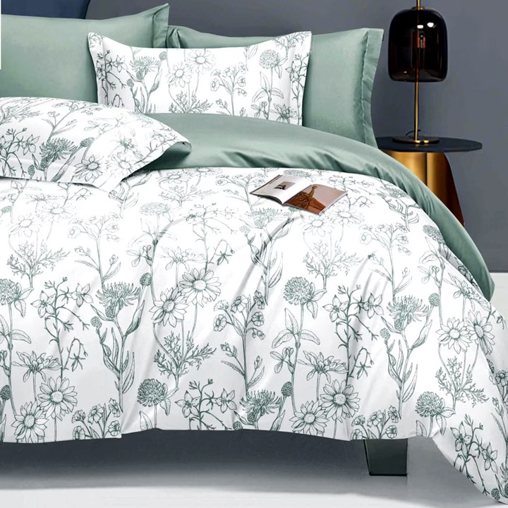 Двойно спално бельо Finet Cotton Elegance 6 части чаршаф 230x250 см, чаршаф 200x230 см, 2 калъфки 70x70 см, 2 калъфки 50x70 см, Green Flowers, Ralex Pucioasa