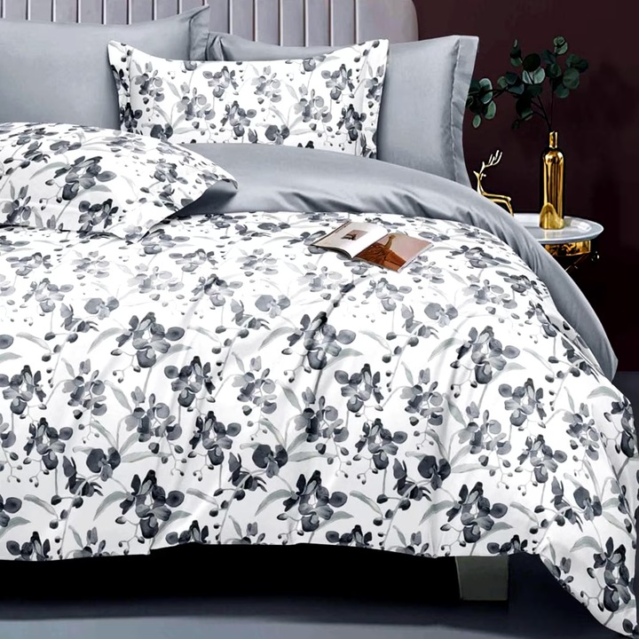 Двойно спално бельо Finet Cotton Elegance 6 части чаршаф с еластичен матрак 160x200 см или 180x200 см, чаршаф 200x230 см, 2 калъфки 70x70 см, 2 калъфки 50x70 см, сив флорален принт, Ralex Pucioasa