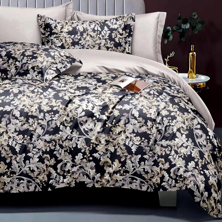Двойно спално бельо Finet Cotton Elegance 6 части чаршаф 230x250 см, чаршаф 200x230 см, 2 калъфки 70x70 см, 2 калъфки 50x70 см, черни листа, Ralex Pucioasa