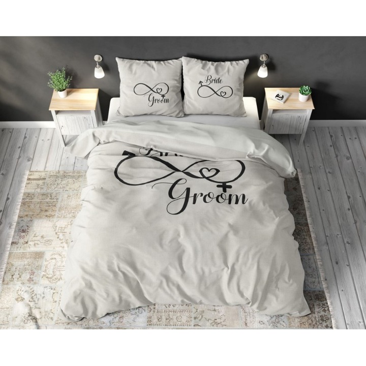 Двойно памучно спално бельо, 200x200 Бяло, 3 части, "Булката и младоженеца" - Време за сън