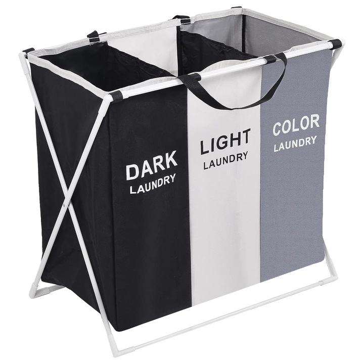 Cos pentru rufe DomowySwiat, 3 compartimente, pliabil, 60x65 cm, 135L, multicolor, structura usoara si durabila, ideal pentru sortarea rufelor, economiseste spatiu, potrivit pentru baie, dormitor sau spalatorie