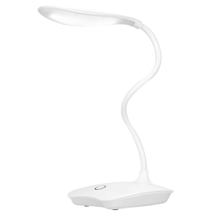 Lampa de birou LED DomowySwiat, alba, control tactil, 3 niveluri de intensitate, incarcare USB, design modern, ideala pentru birou, studiu sau lectura, brat flexibil pentru ajustarea unghiului de iluminare, eficienta energetic si usor de utilizat