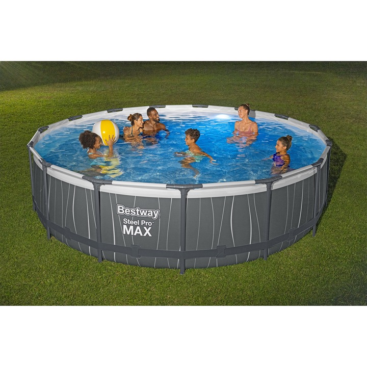Басейн Steel Pro Max Bestway, Кръгъл, С филтърна помпа, LED осветление, Брезент и стълба, Диаметър 457 см, Височина 107 см, Вместимост 14 970 литра, Дебит на помпата 3028 л/ч, LED светлина в 7 цвята с дистанционно управление, Сив