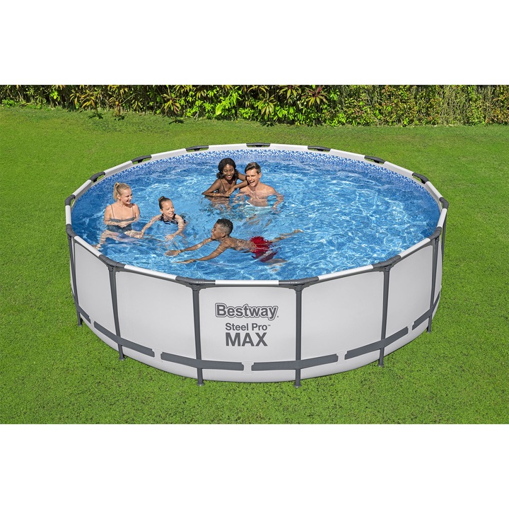 Басейн Bestway Steel Pro Max с филтърна помпа, защитен брезент и включена стълба за достъп, Кръгъл, Диаметър 457 см, Височина 122 см, Обем 16015 литра, Дебит на помпата 3028 л/ч, Светлосив