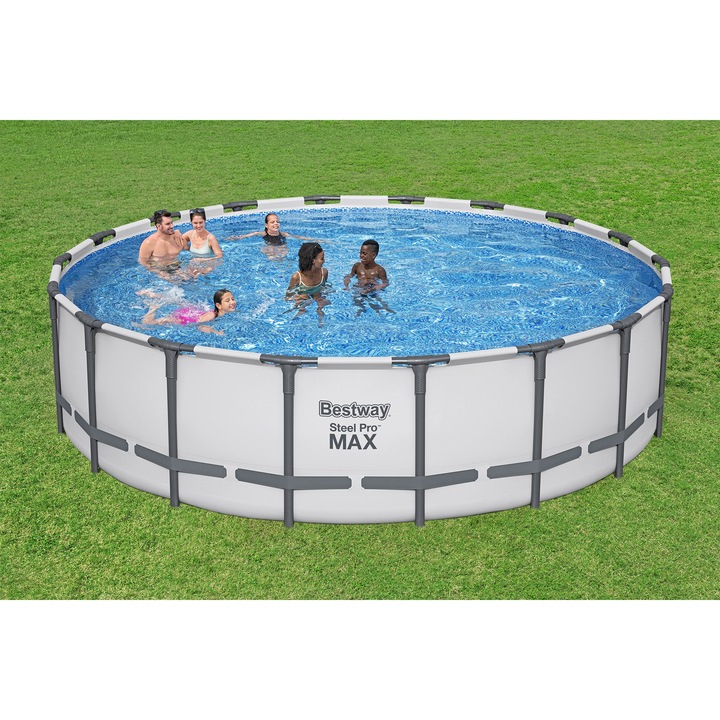 Kerek medence szűrőszivattyúval, védőponyvával és beléptető létrával Steel Pro Max Bestway, átmérő 549 cm, magasság 132 cm, térfogat 26000 liter, szivattyú áramlása 5678 l/h, világosszürke