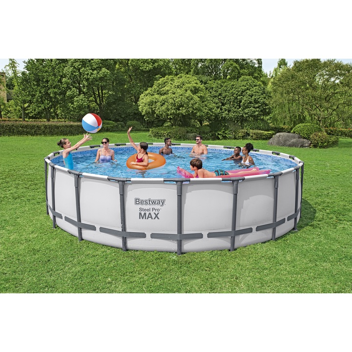Басейн Bestway Steel Pro Max, Кръгъл, С филтърна помпа, Защитно покривало, Стълба за достъп (включена), Диаметър 610 см, Височина 132 см, Обем 33240 литра, Дебит на помпата 9463 л/ч, Светлосив