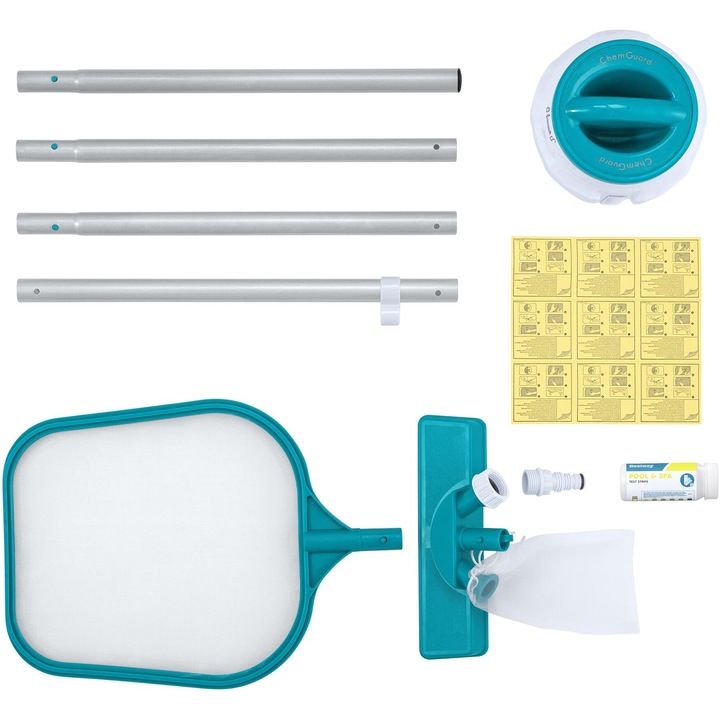 AquaClear Deluxe Bestway 5 az 1-ben medencekarbantartó készlet, háló, szívótartozék, fogantyú, ChemGuard adagoló beépített hőmérővel, vízkeménységi tesztcsíkok, javítókészlet