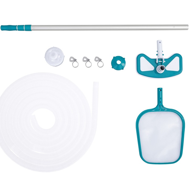 Bestway AquaClear Basic 4 az 1-ben medenceápoló készlet, szennyeződés-elszívó rendszer, Ø32 mm/750 cm tömlő, háló, 279 cm teleszkópos nyél, 2006 l/h átfolyási sebességtől rendelkező szűrőrendszerekhez