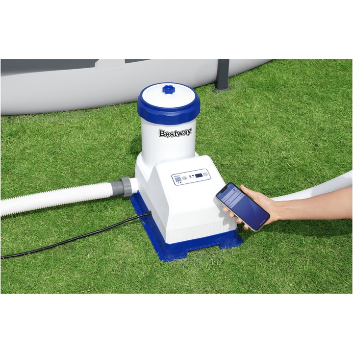 Bestway Smart Touch Wi-Fi medenceszűrő szivattyú időzítővel, vezérlés mobilalkalmazáson keresztül, 220-240 V tápegység, 12 V-os transzformátor, 125 W, teljesítmény 7570 l/h, 1100-45424 literes medencékhez alkalmas