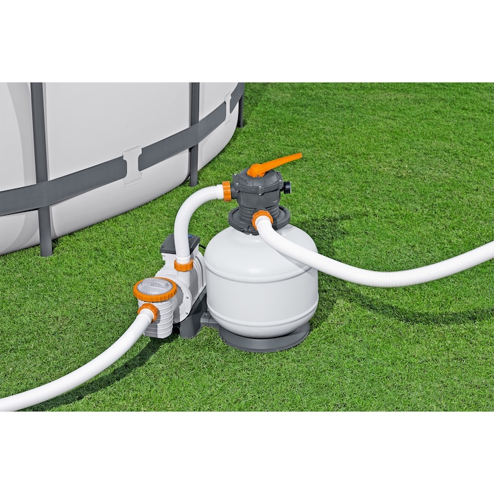 Bestway medenceszűrő szivattyú, 220-240V, 500W, teljesítmény 11355 l/h, 1100-60500 literes medencékhez, időzítő, nyomásmérő, homokszűrő rendszer vagy Polysphere szűrőgolyók (nem tartozék) , ChemConnect adagolóval