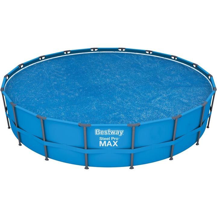 Соларен брезент Bestway, Диаметър 549 см, Материал полиетилен, Загрява водата бързо на слънчева светлина, Предпазва водата от примеси, Поддържа температурата на водата, Съвместим с басейни Power Steel Vista, Power Steel и Steel Pro Max, Син