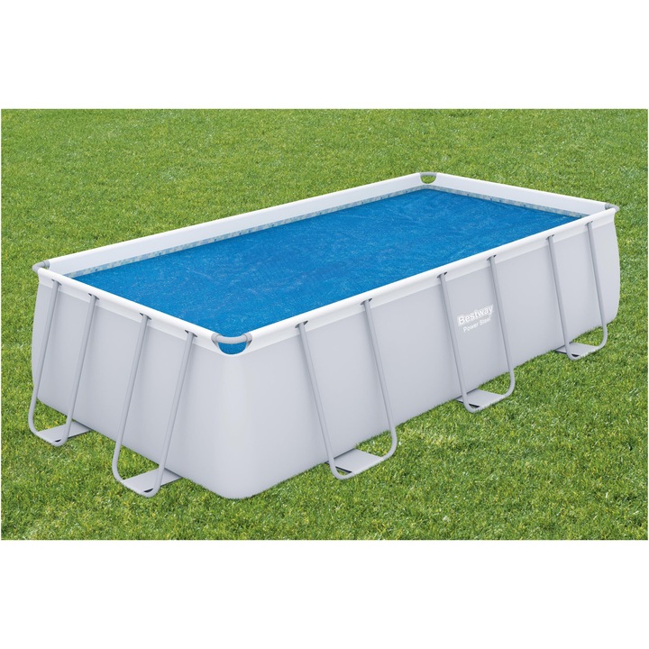 Bestway napelemes ponyva, 380x180 cm, polietilén anyag, napfényben gyorsan felmelegíti a vizet, védi a vizet a szennyeződésektől, tartja a víz hőmérsékletét, kompatibilis a Power Steel úszómedencékkel, kék