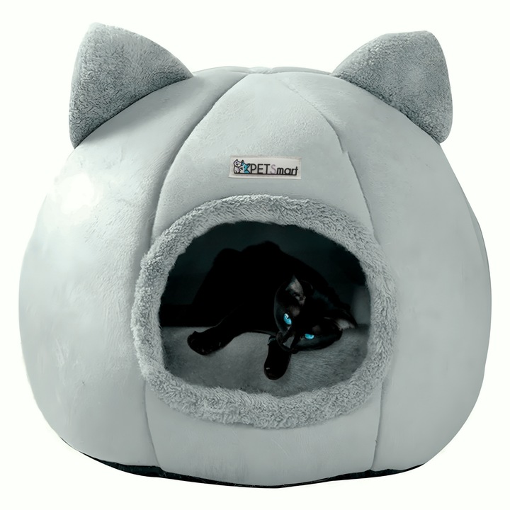 Culcus pentru pisica si caine in forma de casa cu urechi de pisica Galaxia®, material din plus, rezistent la apa, usor de spalat, usor de curatat si intretinut, 33 x 33 x 30 cm
