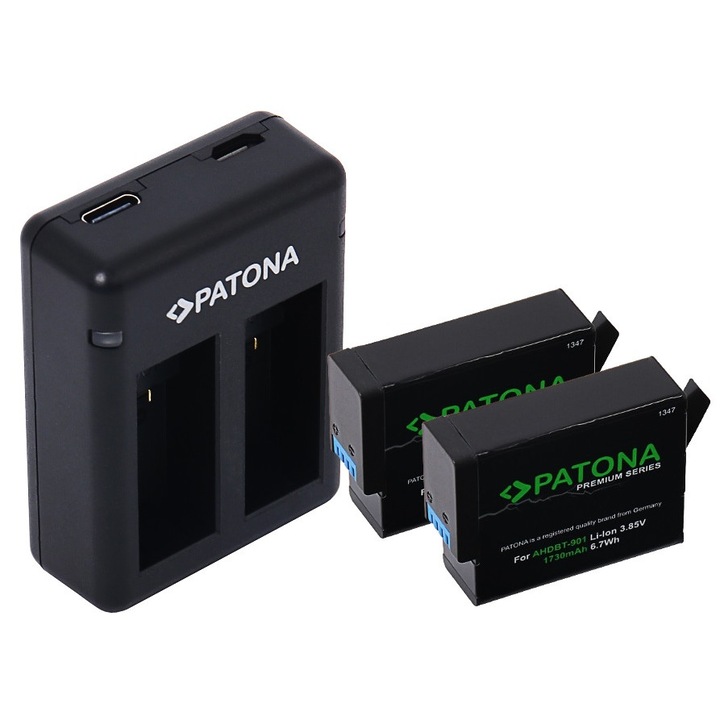 Двойно USB зарядно устройство Patona, 2 батерии Patona Premium AHDBT-901 за GoPro Hero 9, Hero 10, Hero 11, Hero 12 и микрофибър Smardy