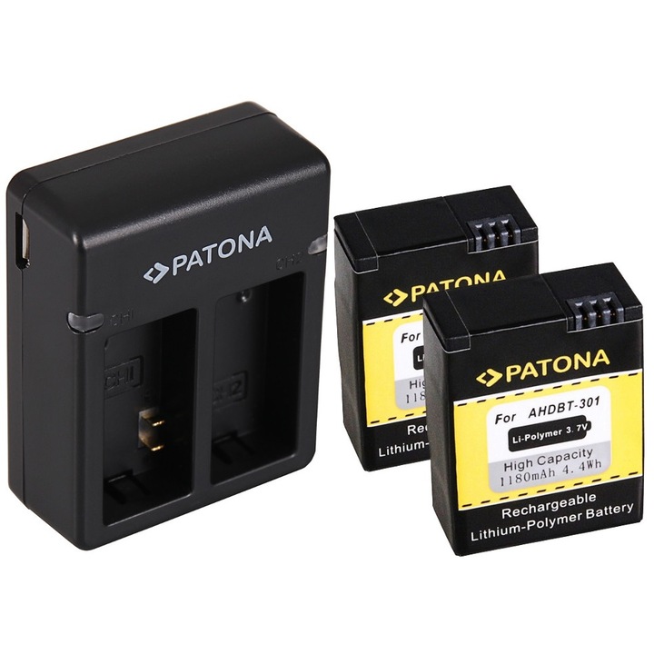 Двойно USB зарядно устройство Patona, 2 батерии Patona AHDBT-301 за GoPro Hero 3 и микрофибър Smardy