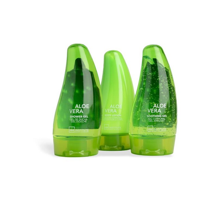 Set de Calatorie Aloe Vera IDC Institute: Gel de Dus, Lotiune de Corp si Gel Calmant - Hidratare, Calmarea Iritatiilor, Regenerare Piele, Ideal pentru Vacante si Utilizare Zilnica, Esential in Geanta Cosmetica