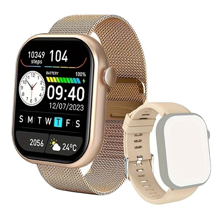 Smartwatch, Curele inox/silicon, Compatibil cu Android/iOS, Functie de reamintire a apelurilor, Auriu