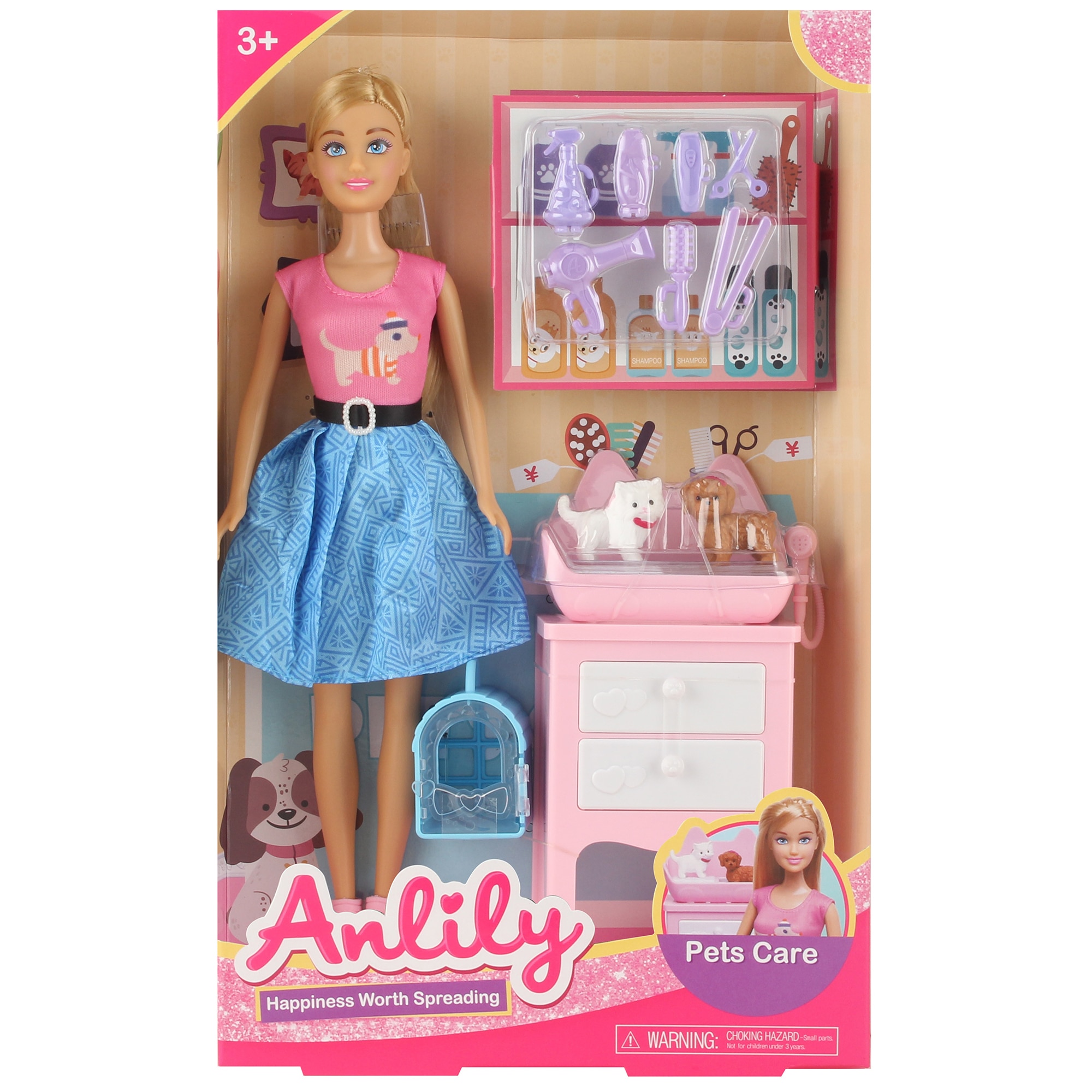 Set papusa Mappy 29 cm, cu accesorii pentru coafor veterinar si animale de companie