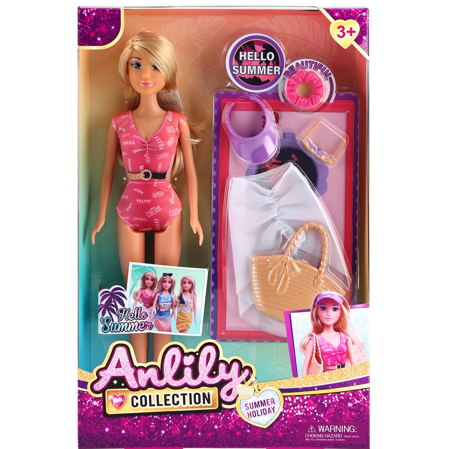 Set papusa Mappy 29 cm, cu costum de baie, geanta de plaja, ochelari de soare si pareo alb