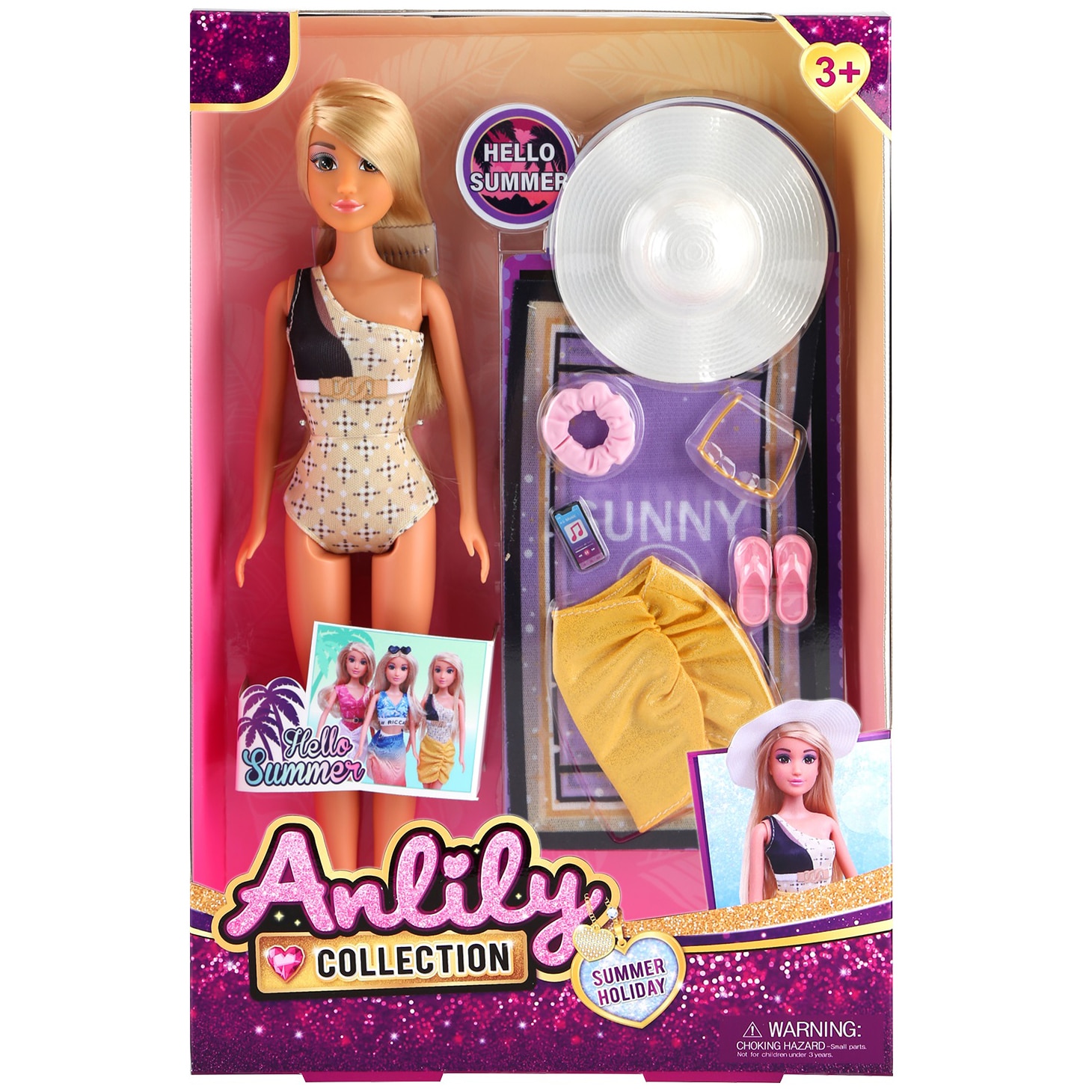 Set papusa Mappy 29 cm, cu costum de baie, palarie, ochelari de soare, papuci plaja si fusta galbena