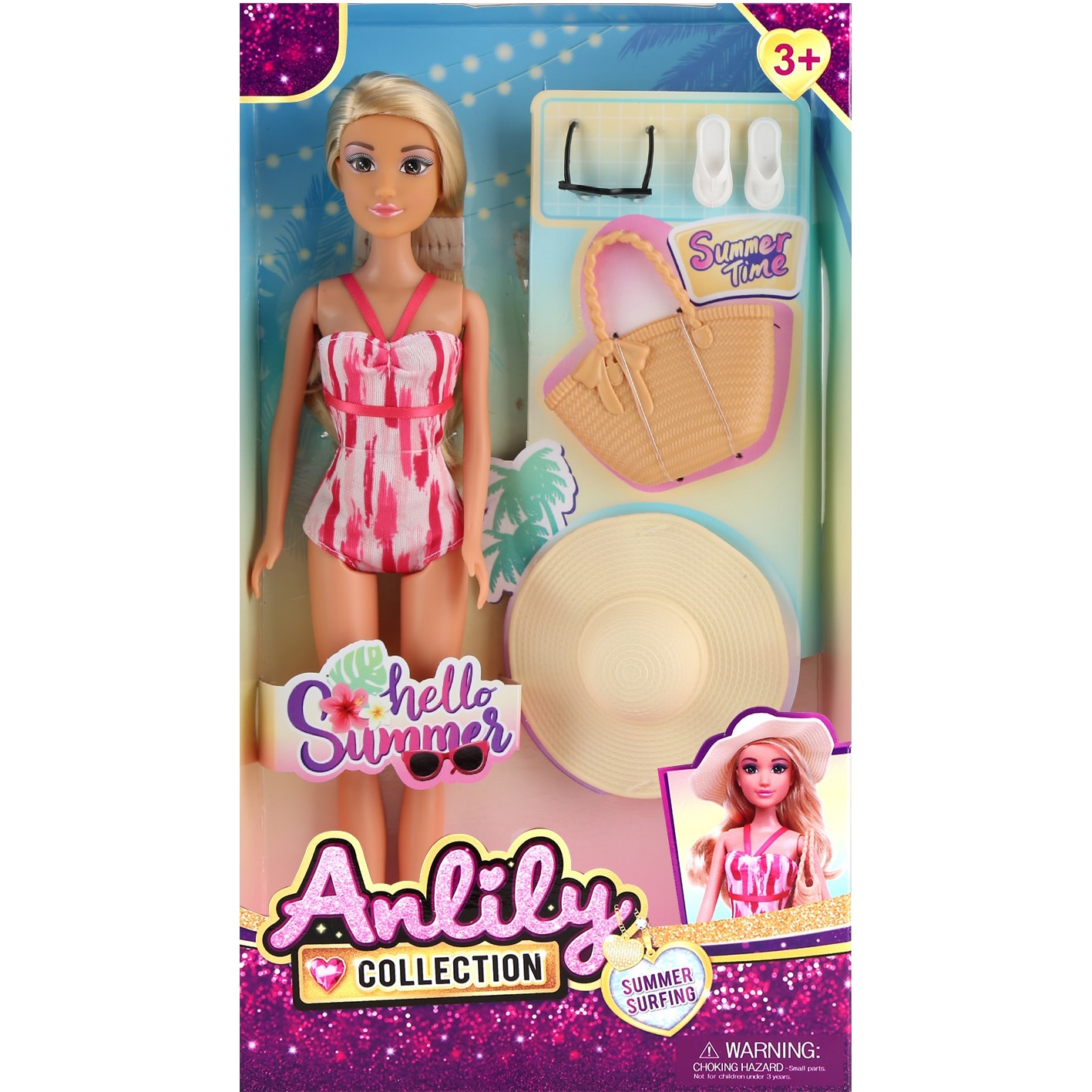 Set papusa Mappy 29 cm, cu costum de baie, palarie, ochelari de soare si papuci plaja