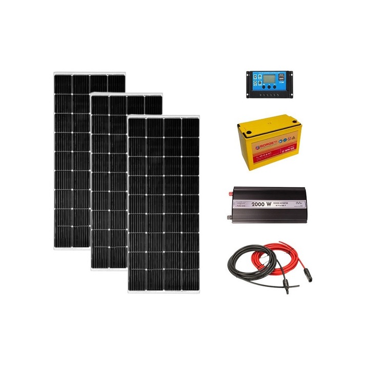 Kit solar fotovoltaic off grid Solid Volt, invertor 2000W 12V, 3 panouri solare 170W, regulator/ controller 30A, baterie solara 105Ah AGM si 20 m cablu solar cabana, rulota, casa, autorulota, container, iluminat