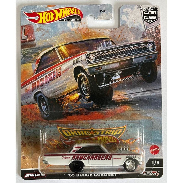 Masinuta Hot Wheels Premium, Drag Strip, 65 Dodge Coronet, Alb, 1:64