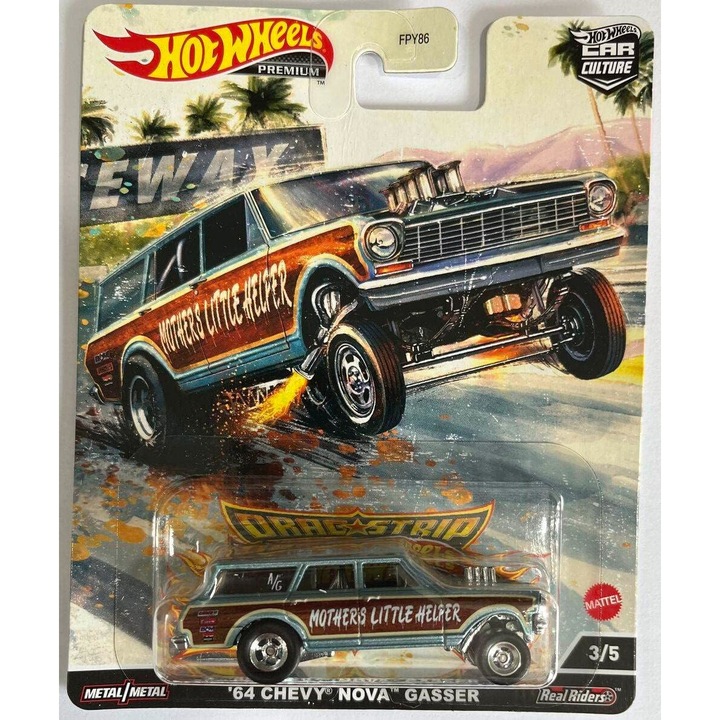 Masinuta Hot Wheels Premium. Drag Strip, 64 Chevy Nova Gasser, Verde, 1:64