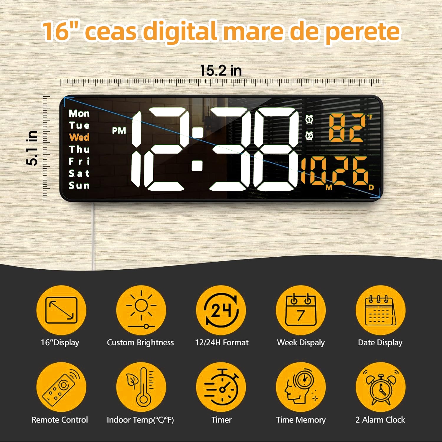 Ceas Digital Led Ceas Digital de Perete cu Led, Ecran mare de 16 inchi cu telecomanda ...