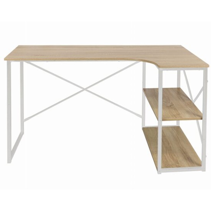 Sarokszámítógép asztal, Jumi, halvány melamin, acél, 2 polc, natúr és fehér, 120x74x74 cm