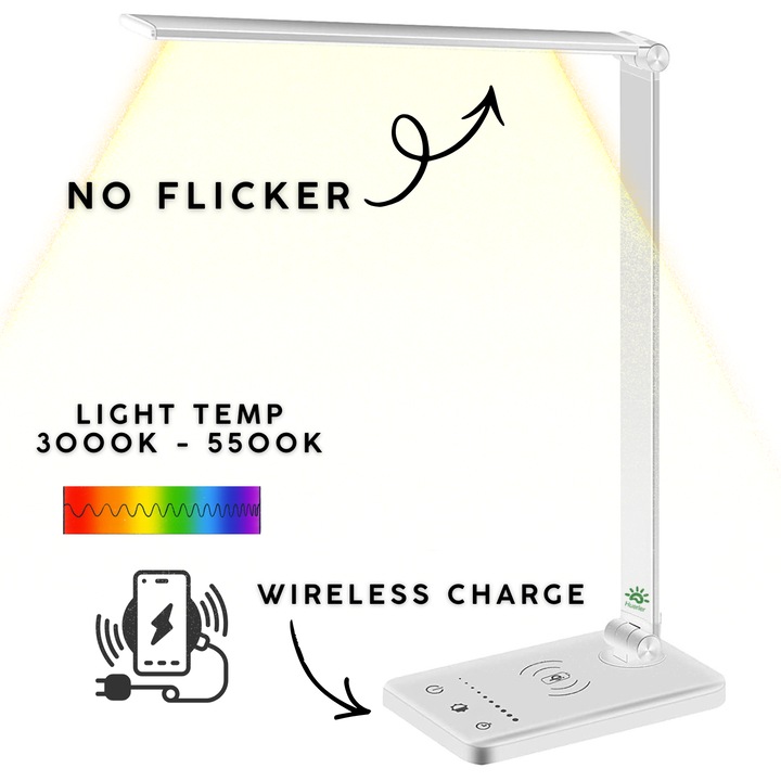Lampa De Birou LED Huerler® Noby, Protectie Ochi, 10 Nivele Intensitate, 5 Temperaturi De Culoare 3000k-5500k, Pliabila, No Flicker, Aluminiu, Incarcare Wireless Telefon, Argintiu