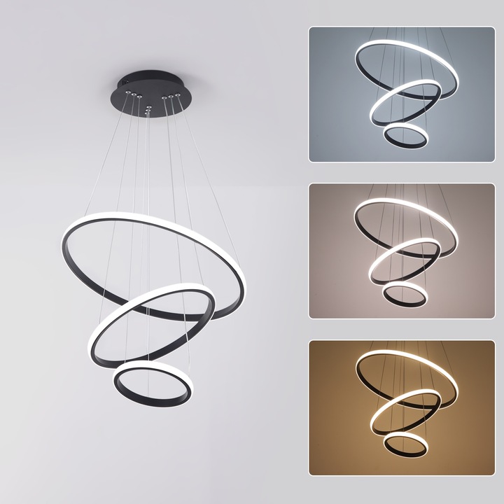 LED полилей, Toollight, 3 пръстена, 20+35+50 см, черен алуминий, регулируем кръг, 3000k-4500k-6500k, за хол/спалня