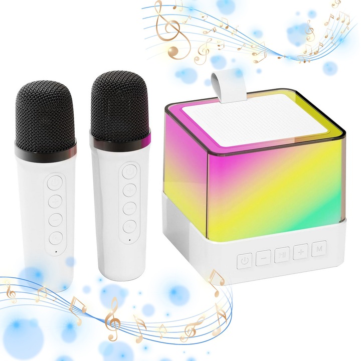 Microfon karaoke Smart copii si adulti, Yulinland, difuzor portabil bluetooth, wireless, 4 efecte voce, 2 microfoane incluse, potrivit pentru petreceri si sarbatori, Lumina RGB, Incarcare de Type-c, TF card, USB, Aux, Culoare Alb