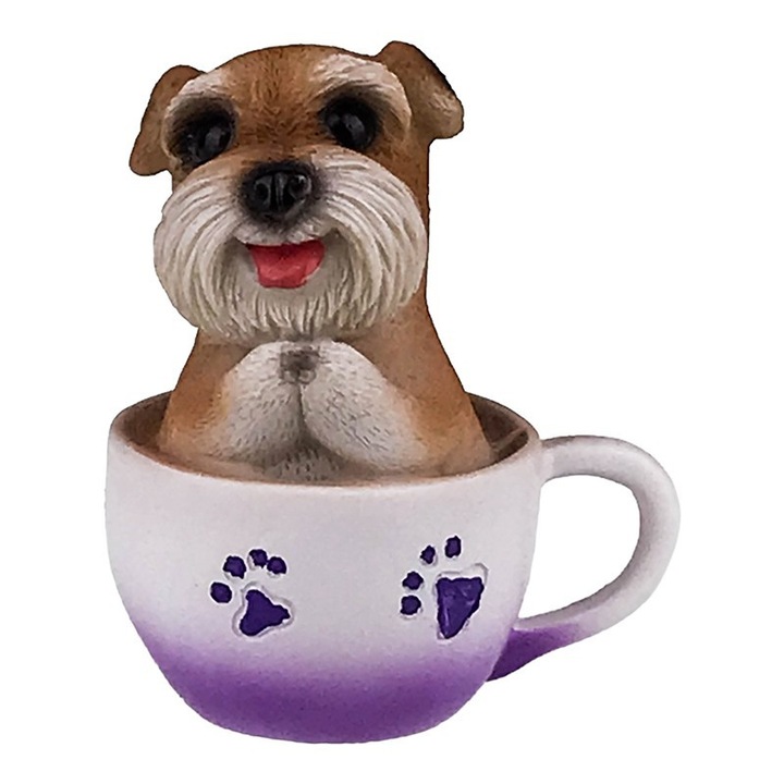 Decoratiune din rasina reprezentand un catel intr-o ceasca, 7x11 cm, mov-multicolor