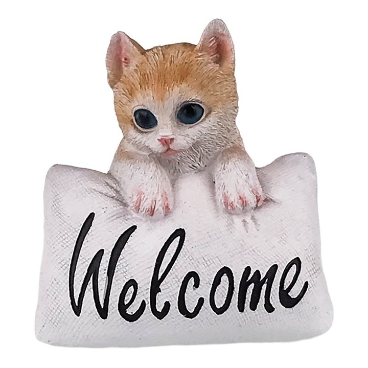 Decoratiune din rasina in forma de pisica, cu text "Welcome", 10x10 cm, multicolor, M2
