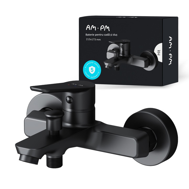Baterie cada de dus monocomanda, cartus ceramic SoftMotion 35 mm, montare perete, Neoperl Aerator, alama, Negru Mat, Hit FTA10022 AM.PM