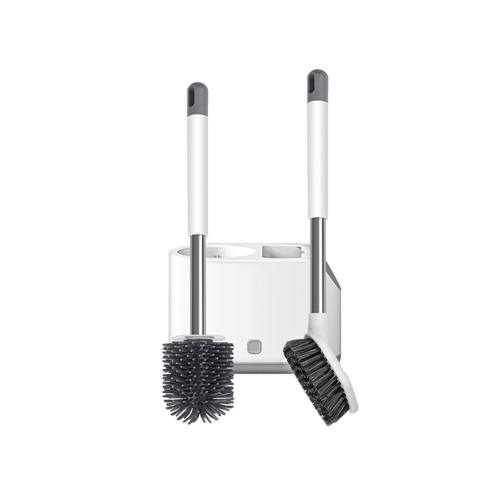 Двойна тоалетна четка, Zola®, кръгла и правоъгълна, с контейнер за оттичане на водата, меки силиконови влакна и стоманена дръжка, гъвкава глава