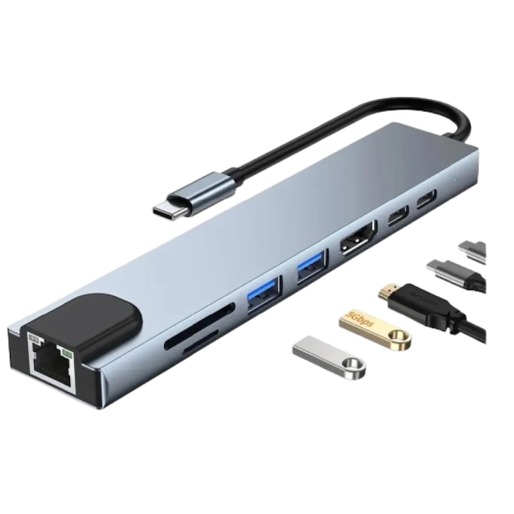 Hub Adaptor Multiport 8 in 1 USB-C 3.1, HDMI 4K / LAN RJ45 Internet / Type C Port / USB 3.0 / Power Delivery Port 87W / TF si SD Card Reader, Docking Station pentru Laptop, MacBook Air/Pro, Chrome Book, Tableta, Gri