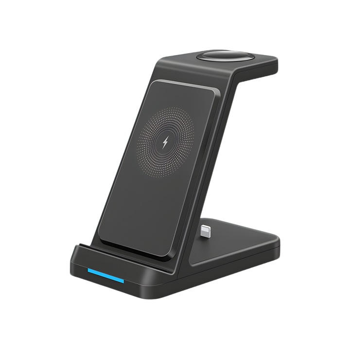 Безжично зарядно устройство 3 в 1, бързо зарядно устройство 15 W, съвместимо с iPhone, Apple Watch, AirPods, черно