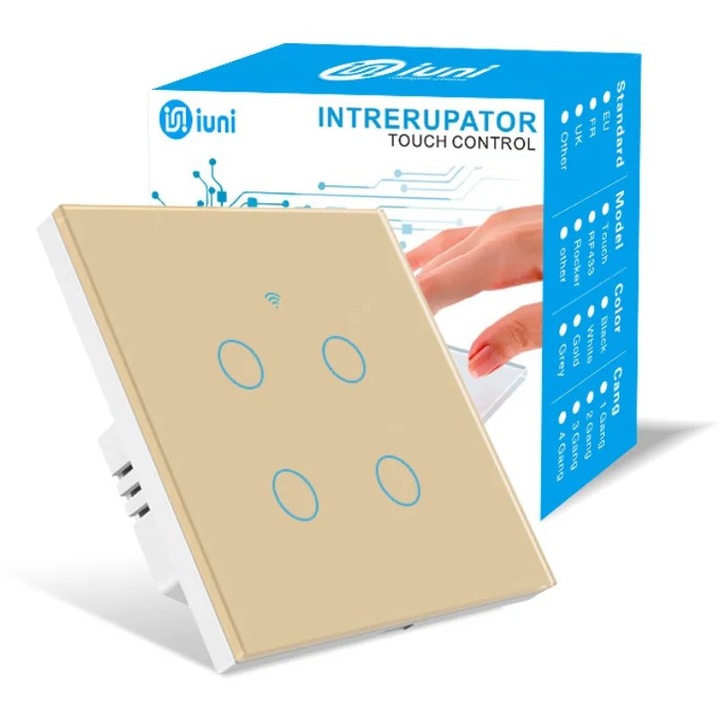 Intelligens érintőkapcsoló, WiFi, Biztonsági üveg, iUni 4G, 10A, Hangvezérlés, Smart Life / Tuya, LED, Arany