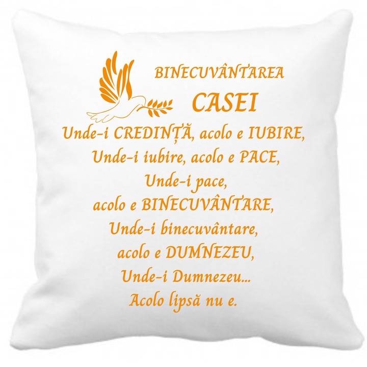 Perna decorativa, cu husa din bumbac, personalizata „Binecuvantarea casei”, 40 x 40 cm, text culoare auriu
