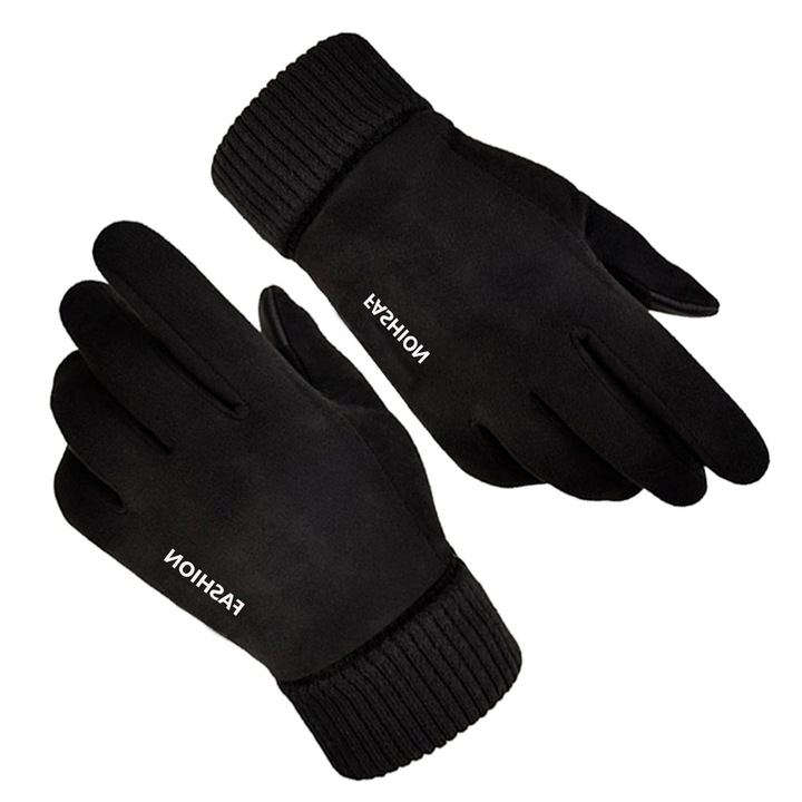 Manusi Touchscreen SMART Premium, OPTIM SOLUTION, Luxury Material, Slim & Warm, Anti-Alunecare, Insertii Siliconice, Piele Ecologica, Manseta Tesuta, Print de Calitate Superioara, Negru