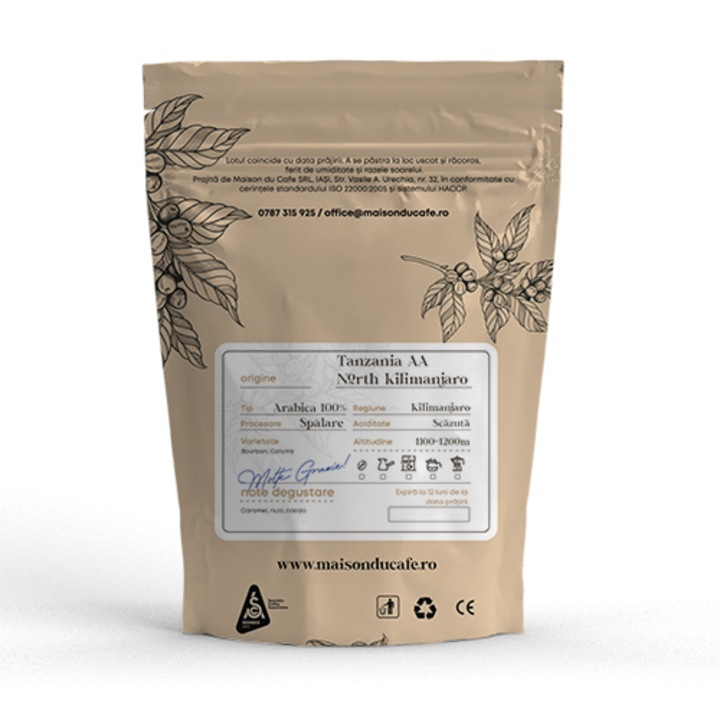 Cafea boabe proaspat prajita Tanzania AA North Kilimanjaro 100 % Arabica Single Origin Maison du Cafe 250 g