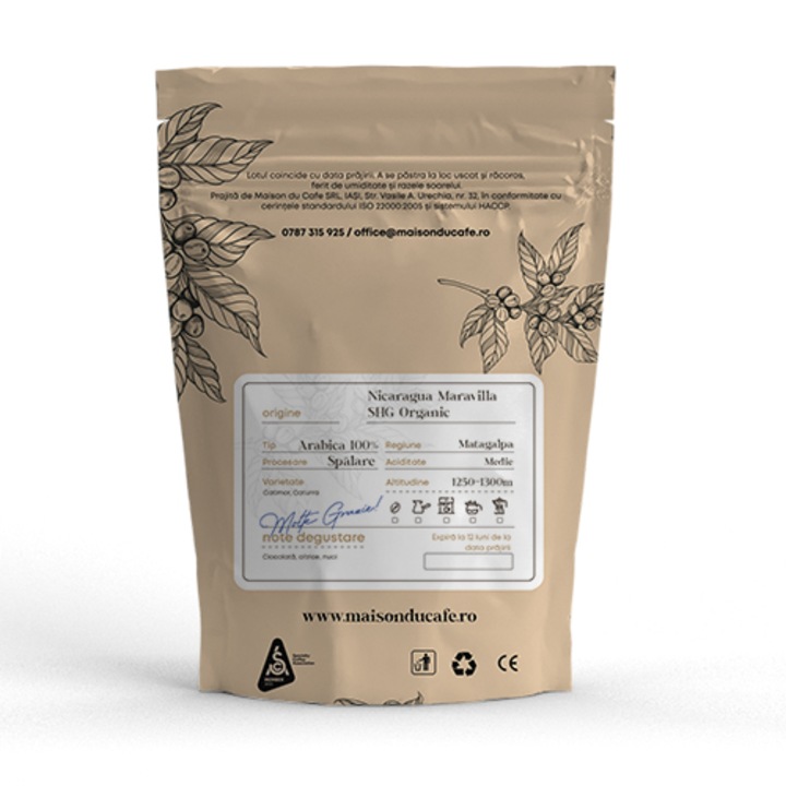 Cafea macinata proaspat prajita Nicaragua Maravilla SHG Organic 100 % Arabica Single Origin Maison du Cafe 250 g